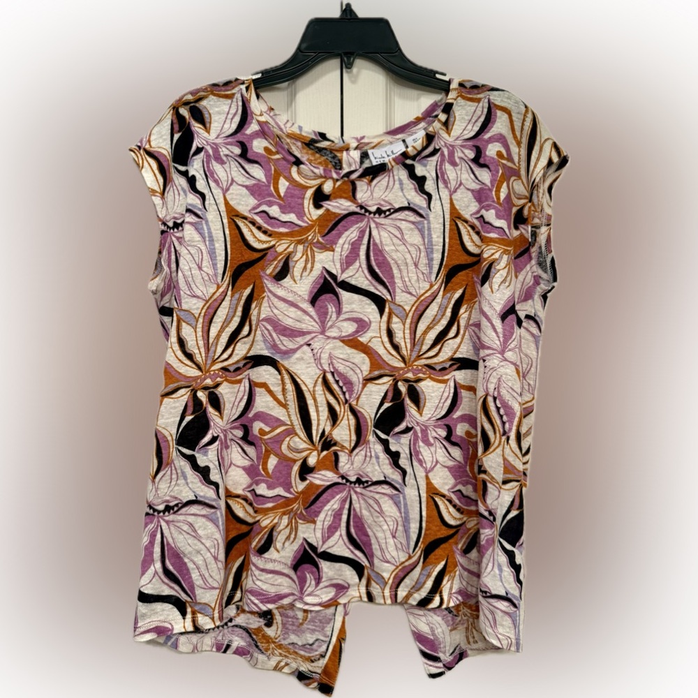 Nicole Miller Women’s Multicolor Floral Round Neck Short Sleeve Linen Blouse L